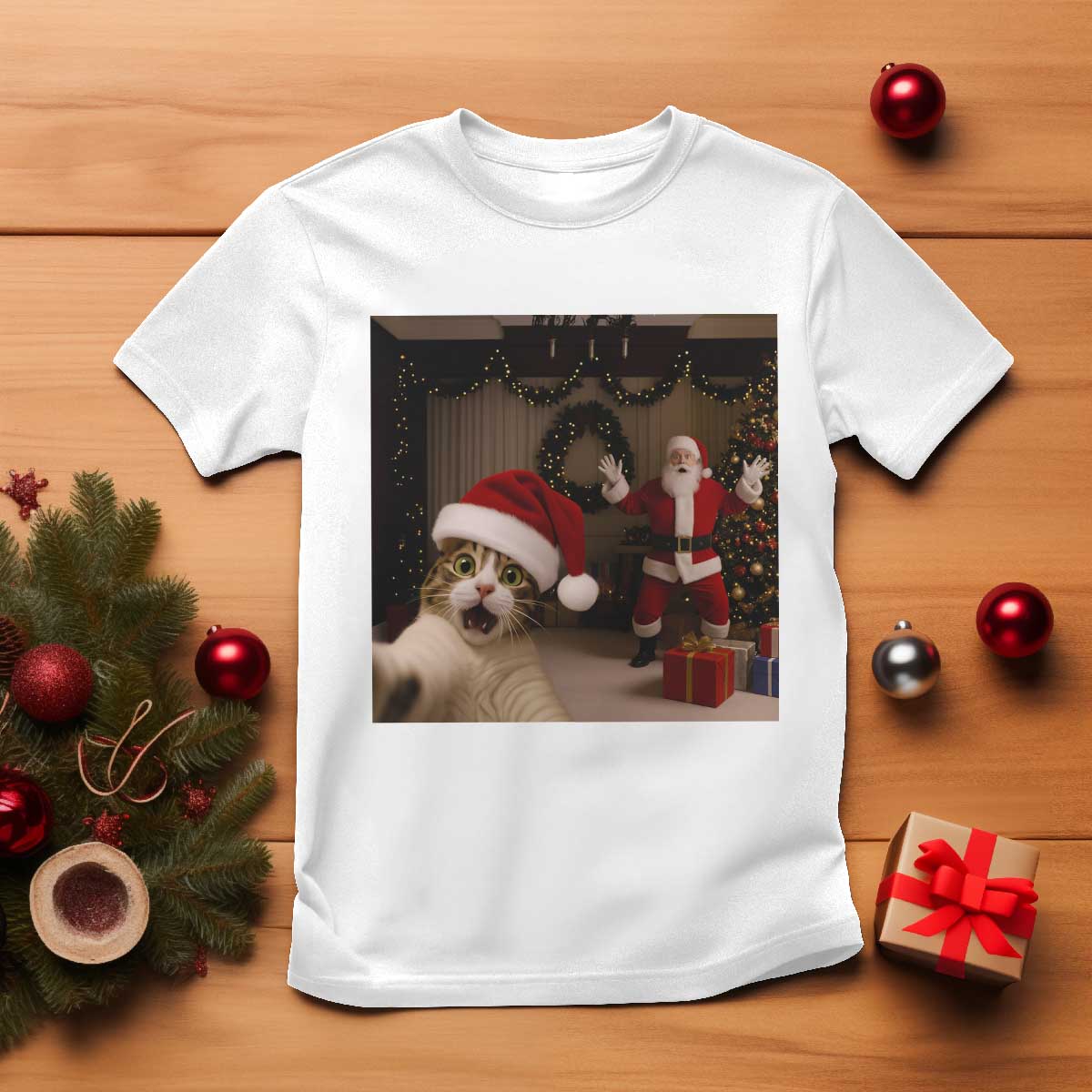 Funny Cat With Santa Selfie Christmas T Shirt - Wonder Print Shop