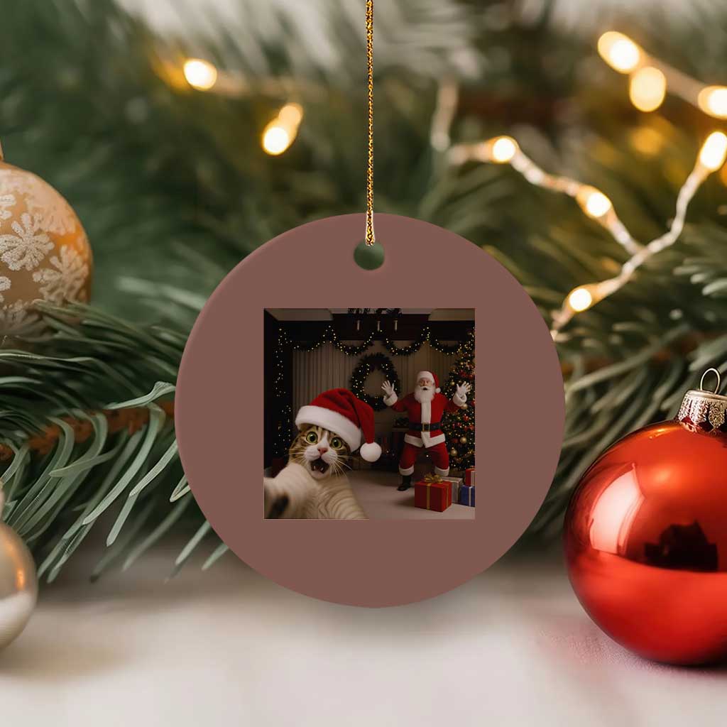 Funny Cat With Santa Selfie Christmas Ceramic Ornament - Wonder Print Shop
