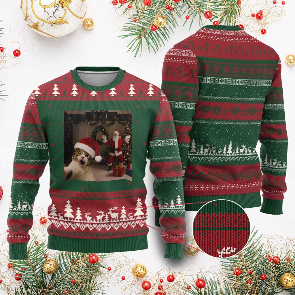 Funny Cat With Santa Selfie Xmas Ugly Christmas Sweater - Wonder Print Shop