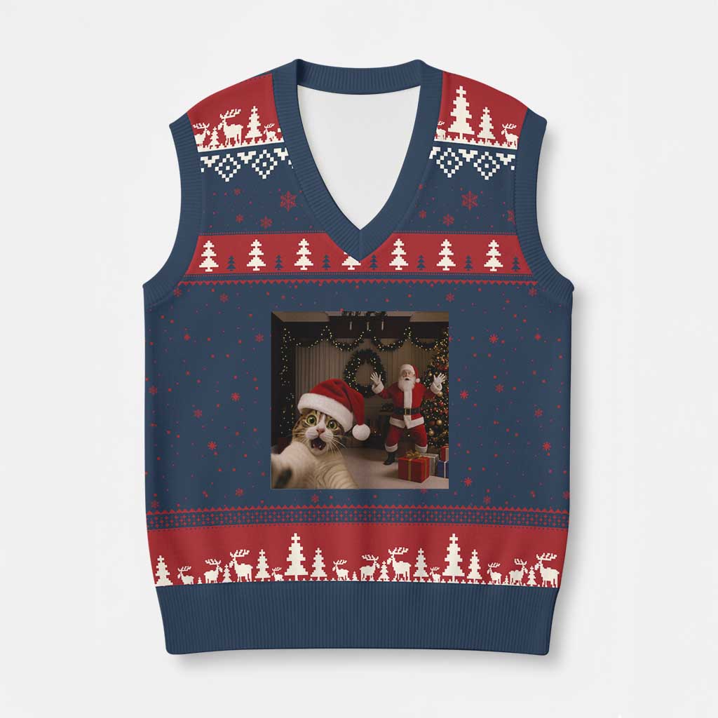 Funny Cat With Santa Selfie Xmas V-Neck Knit Sweater Vest - Wonder Print Shop