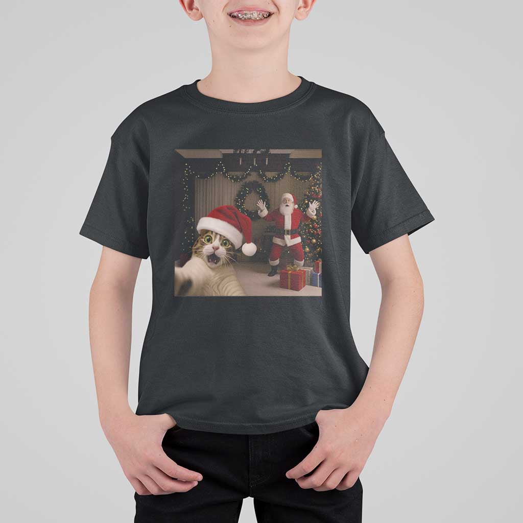 Funny Cat With Santa Selfie Christmas T Shirt For Kid - Wonder Print Shop