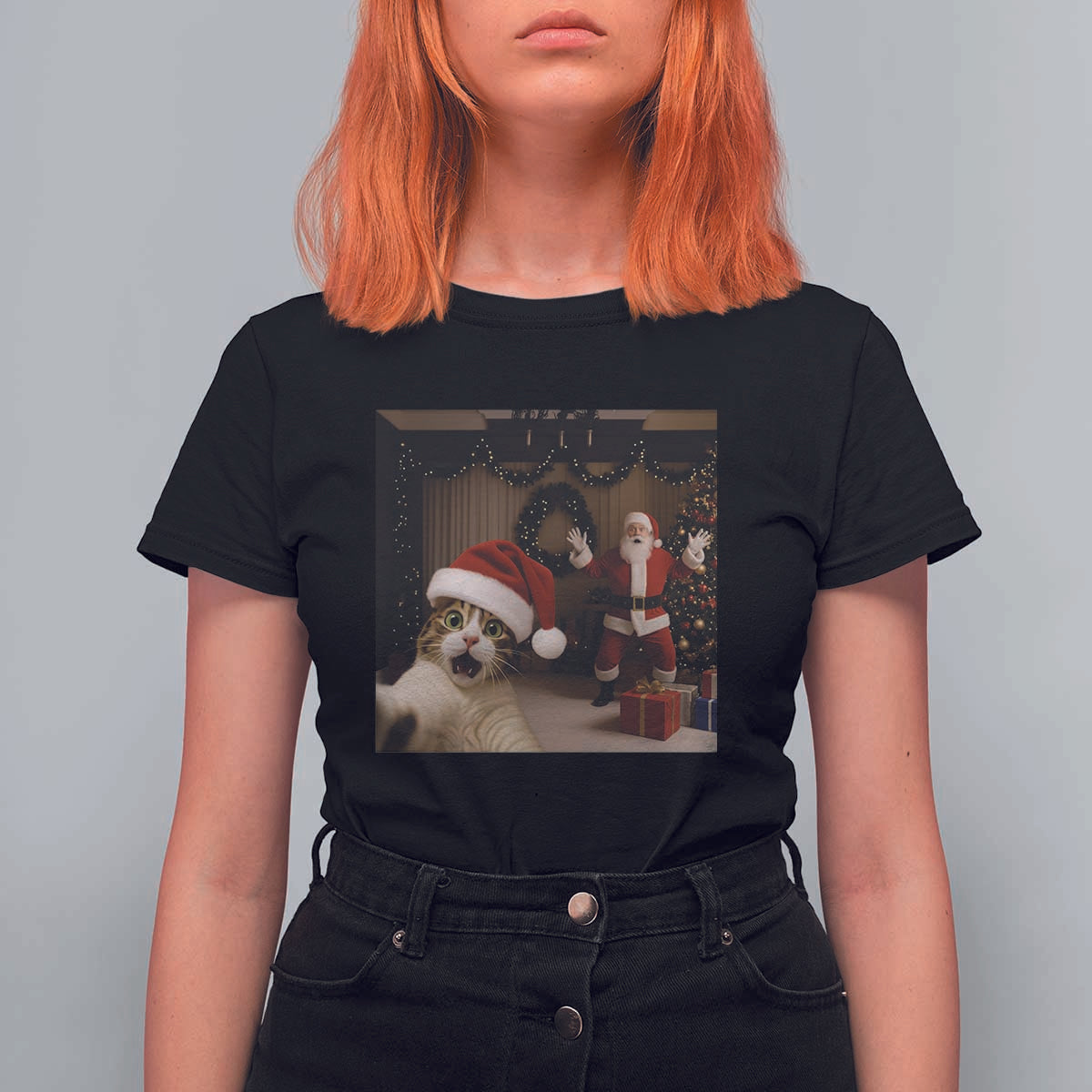 Funny Cat With Santa Selfie Christmas T Shirt For Women - Wonder Print Shop