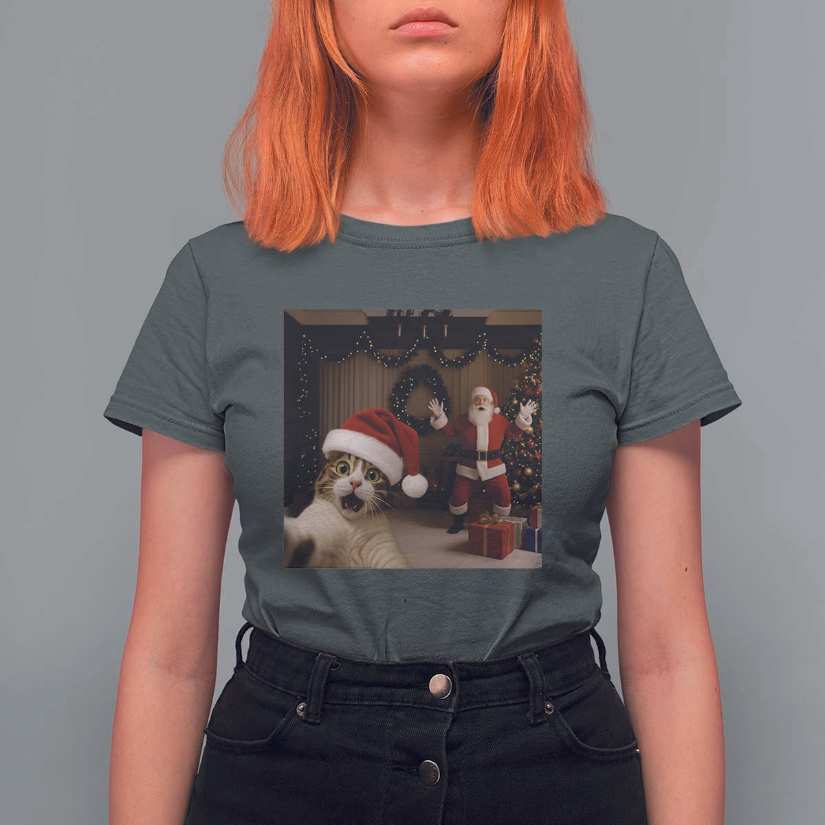 Funny Cat With Santa Selfie Christmas T Shirt For Women - Wonder Print Shop