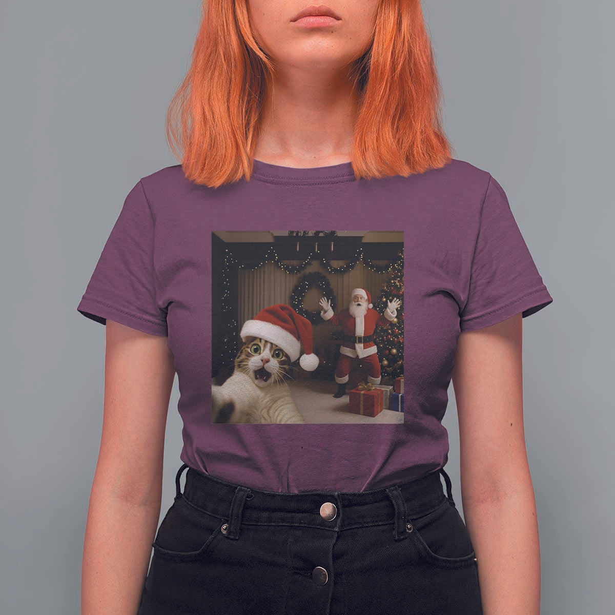 Funny Cat With Santa Selfie Christmas T Shirt For Women - Wonder Print Shop