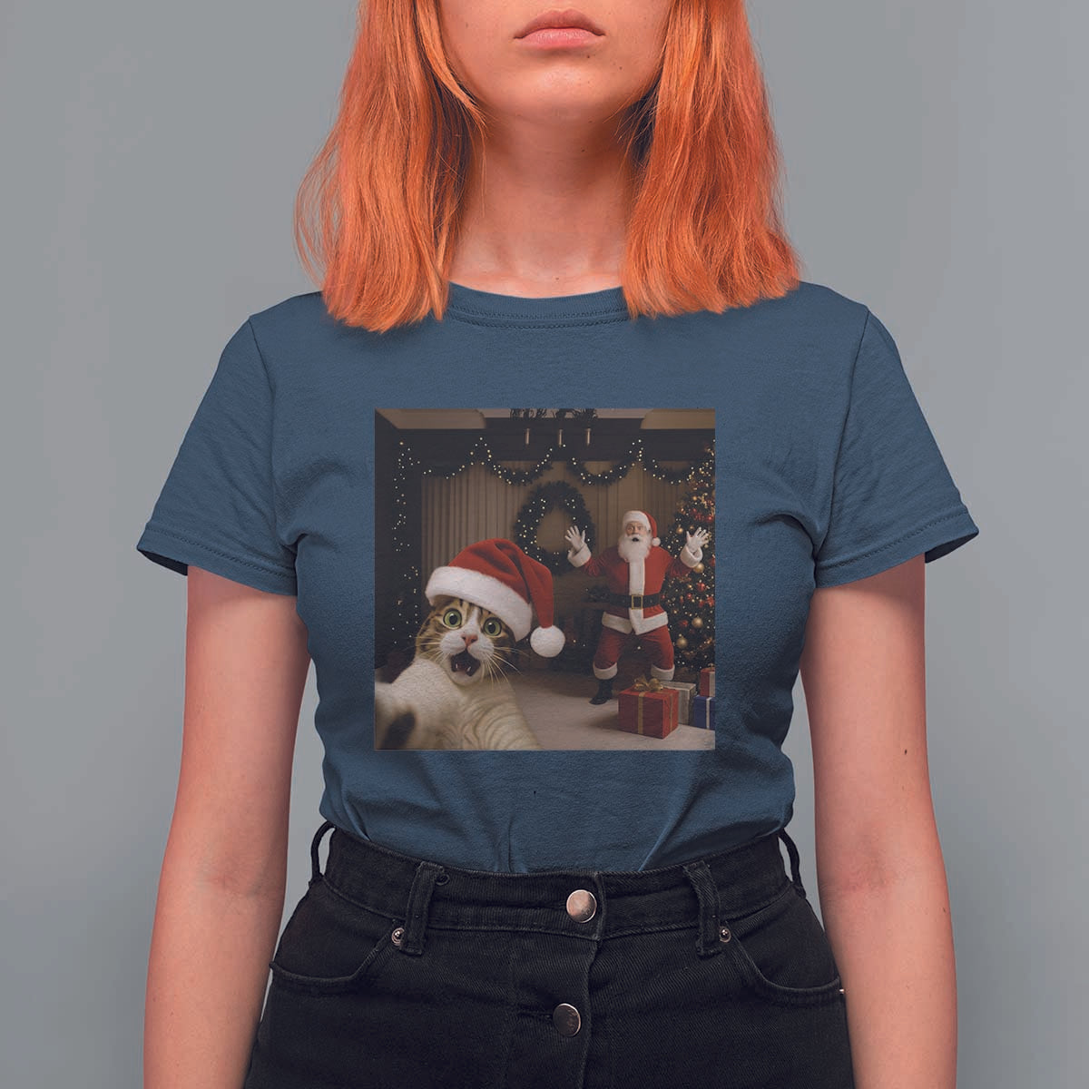 Funny Cat With Santa Selfie Christmas T Shirt For Women - Wonder Print Shop