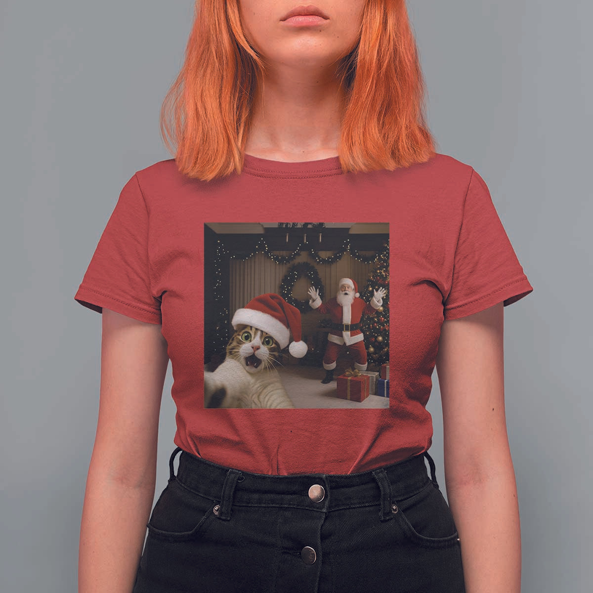 Funny Cat With Santa Selfie Christmas T Shirt For Women - Wonder Print Shop