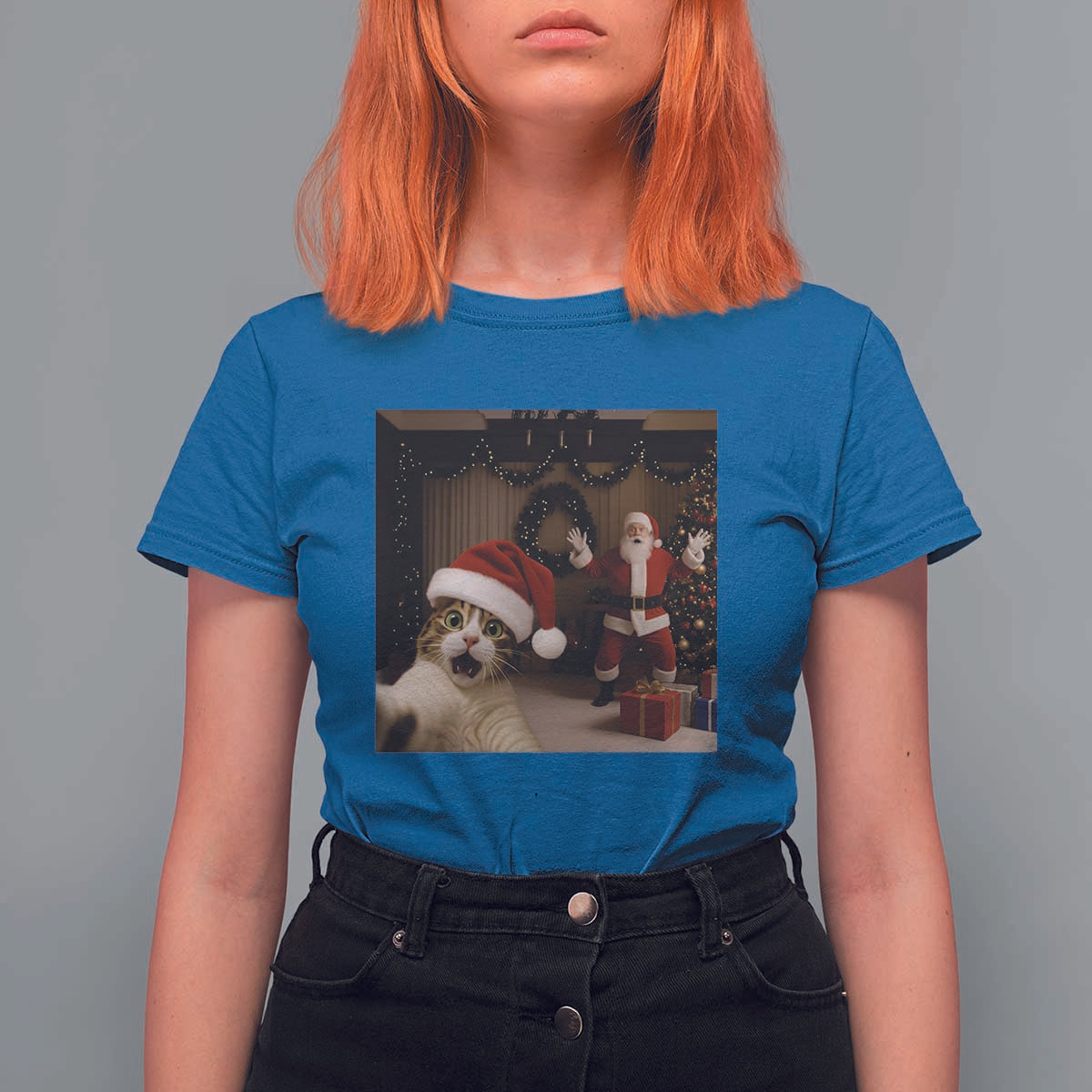 Funny Cat With Santa Selfie Christmas T Shirt For Women - Wonder Print Shop