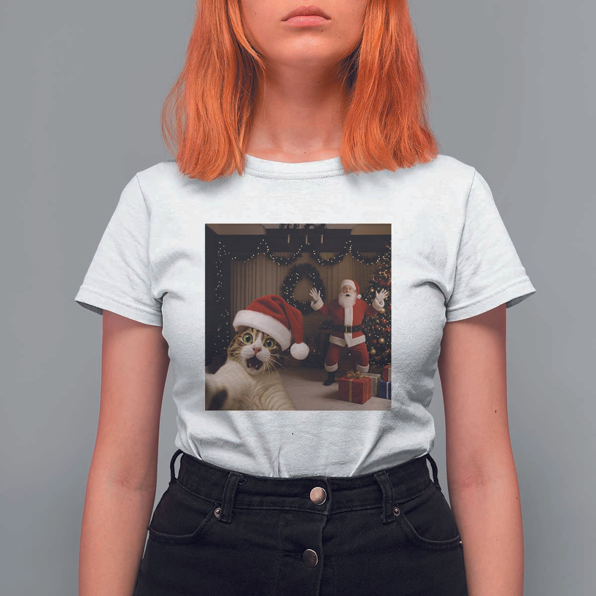 Funny Cat With Santa Selfie Christmas T Shirt For Women - Wonder Print Shop