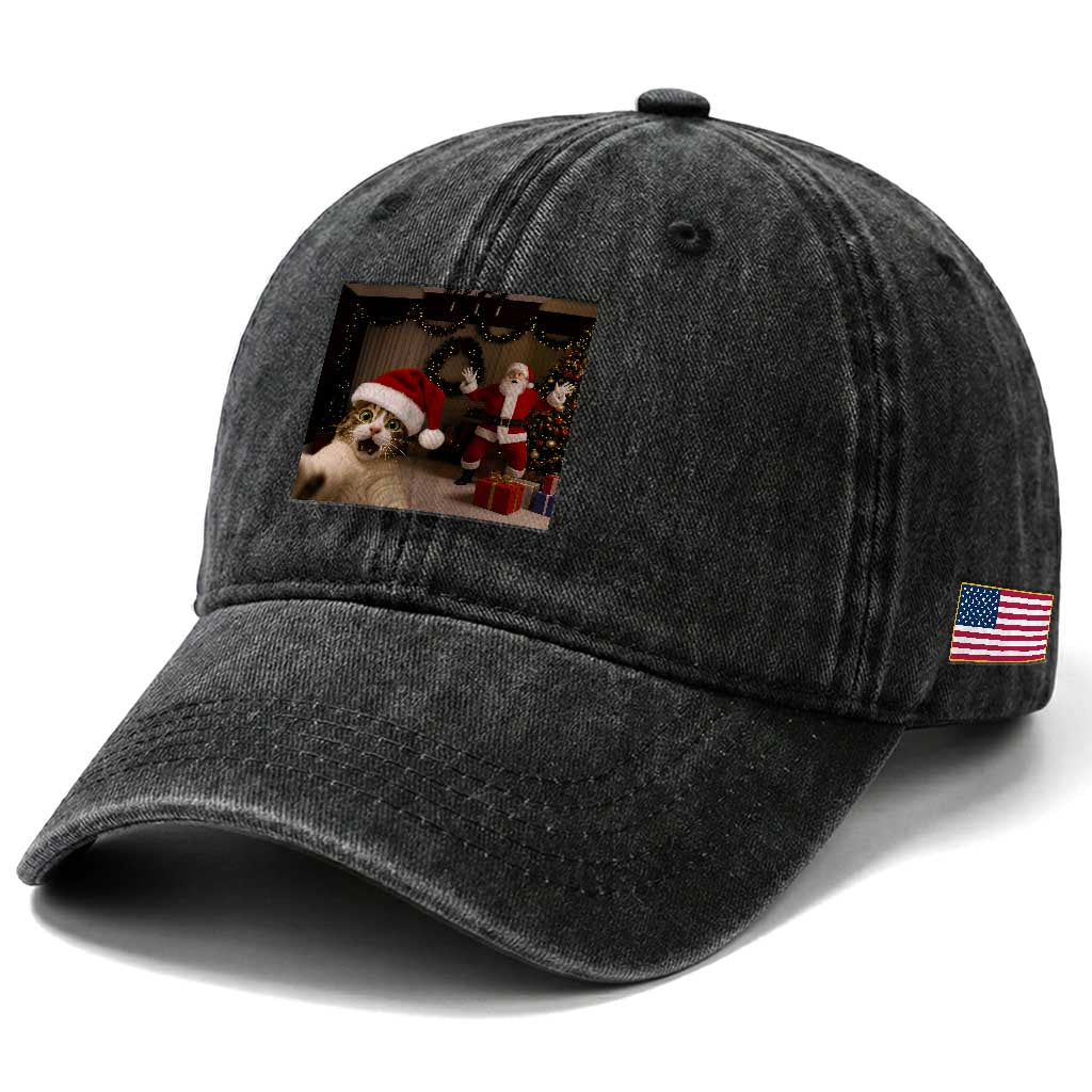 Funny Cat With Santa Selfie Christmas Washed Cotton Baseball Cap