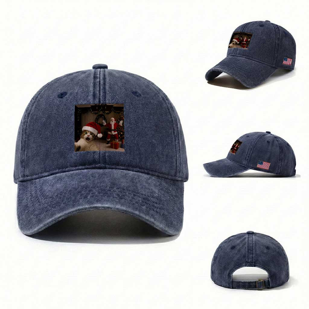 Funny Cat With Santa Selfie Christmas Washed Cotton Baseball Cap