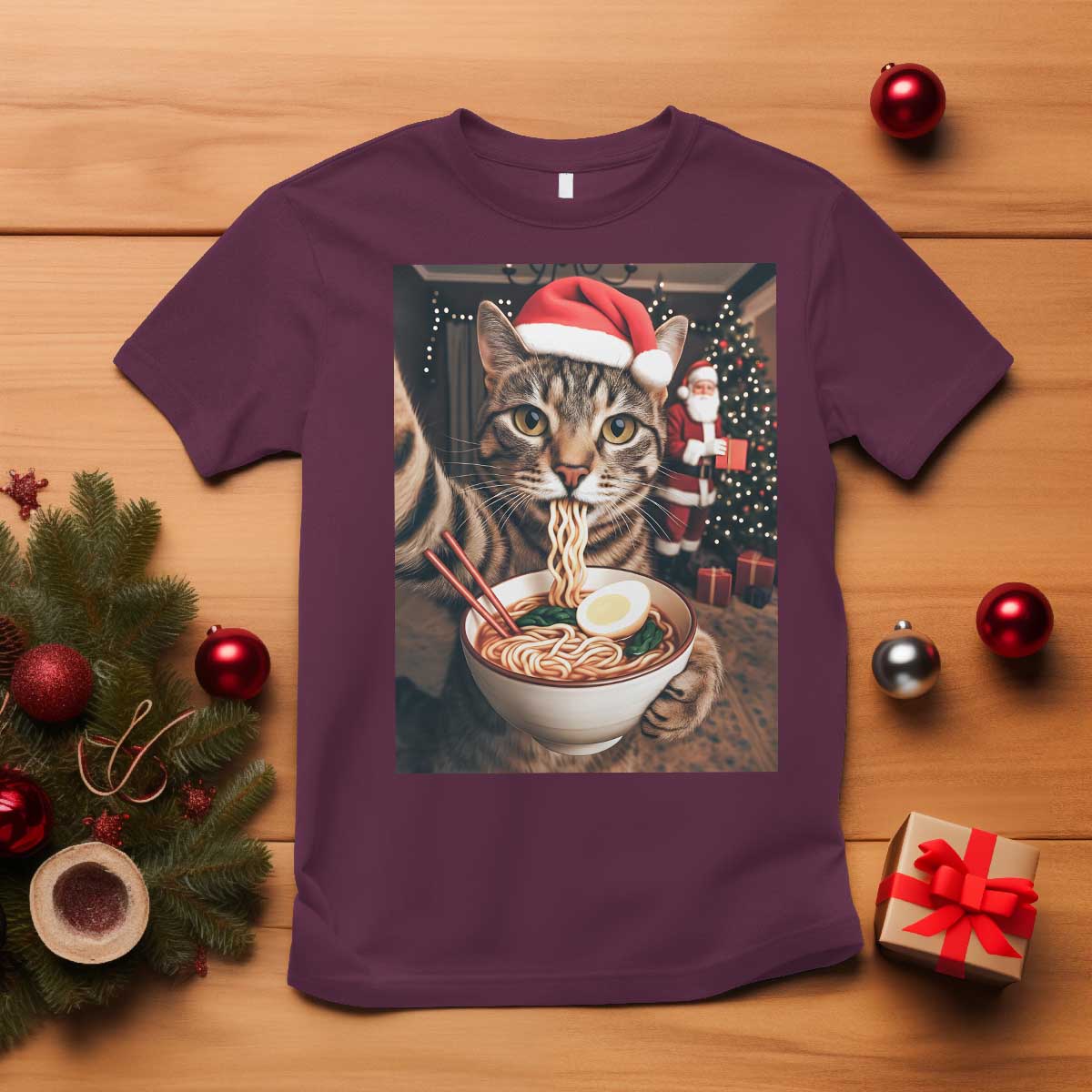 Funny Cat Ramen Selfie With Santa Christmas T Shirt - Wonder Print Shop