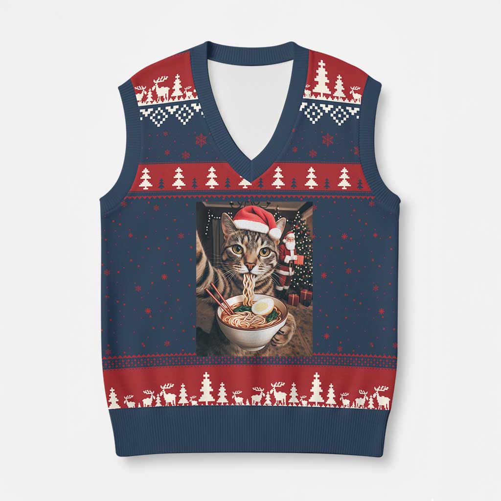Funny Cat Ramen Selfie With Santa Xmas V-Neck Knit Sweater Vest - Wonder Print Shop
