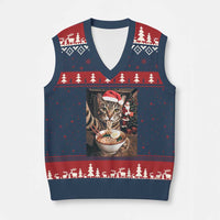 Funny Cat Ramen Selfie With Santa Xmas V-Neck Knit Sweater Vest - Wonder Print Shop