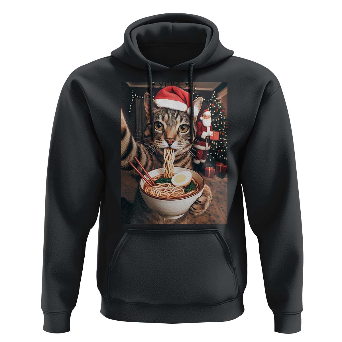 Funny Cat Ramen Selfie With Santa Christmas Hoodie - Wonder Print Shop