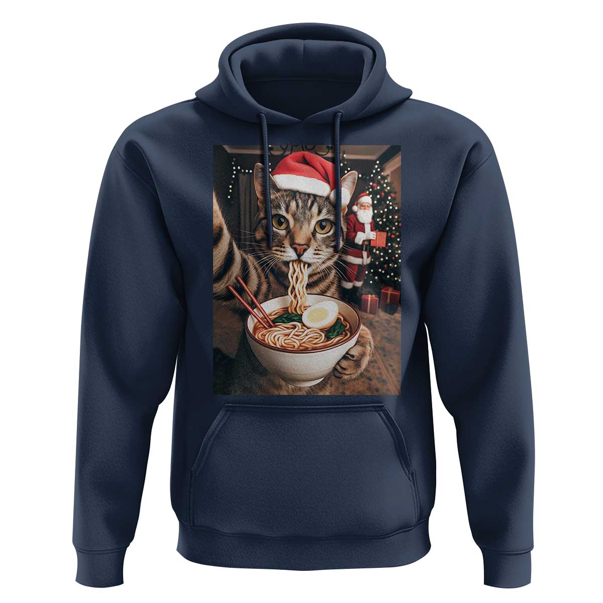 Funny Cat Ramen Selfie With Santa Christmas Hoodie - Wonder Print Shop