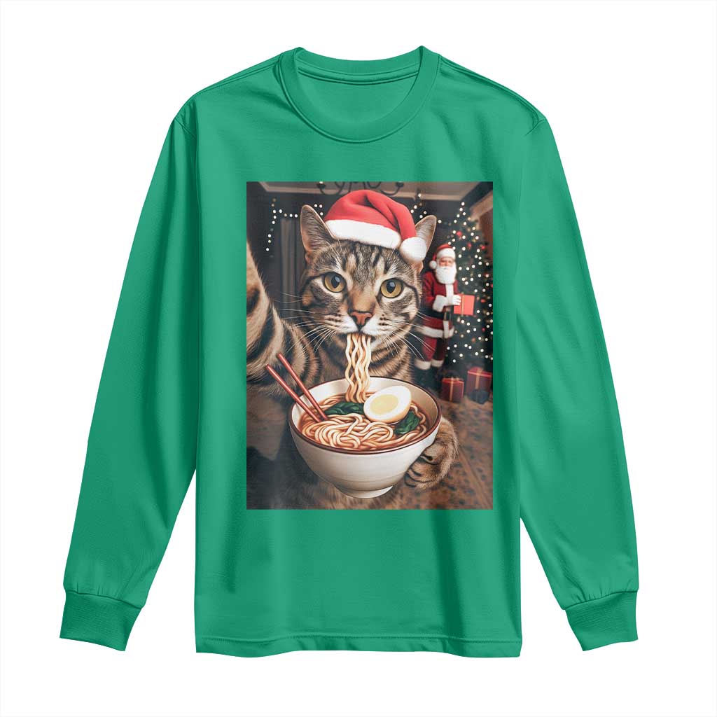Funny Cat Ramen Selfie With Santa Christmas Long Sleeve Shirt - Wonder Print Shop