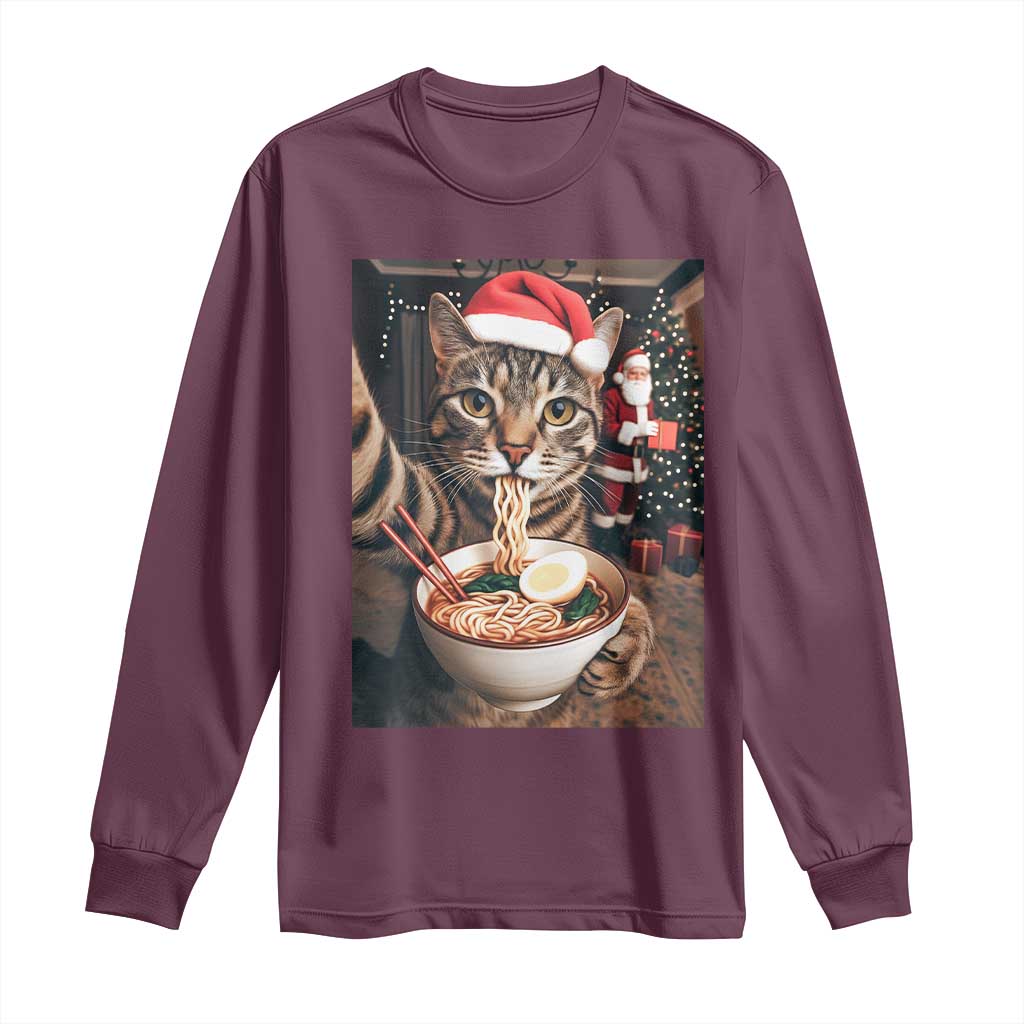 Funny Cat Ramen Selfie With Santa Christmas Long Sleeve Shirt - Wonder Print Shop