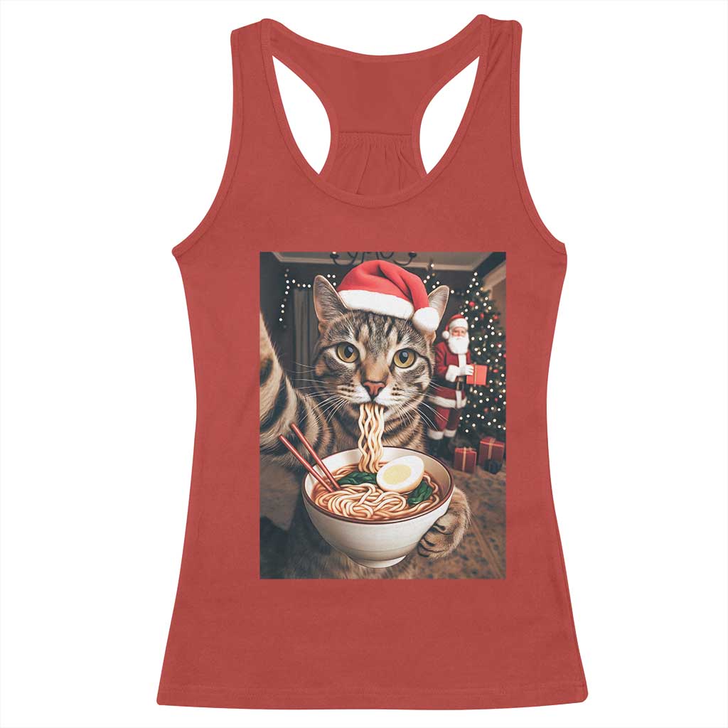 Funny Cat Ramen Selfie With Santa Christmas Racerback Tank Top - Wonder Print Shop