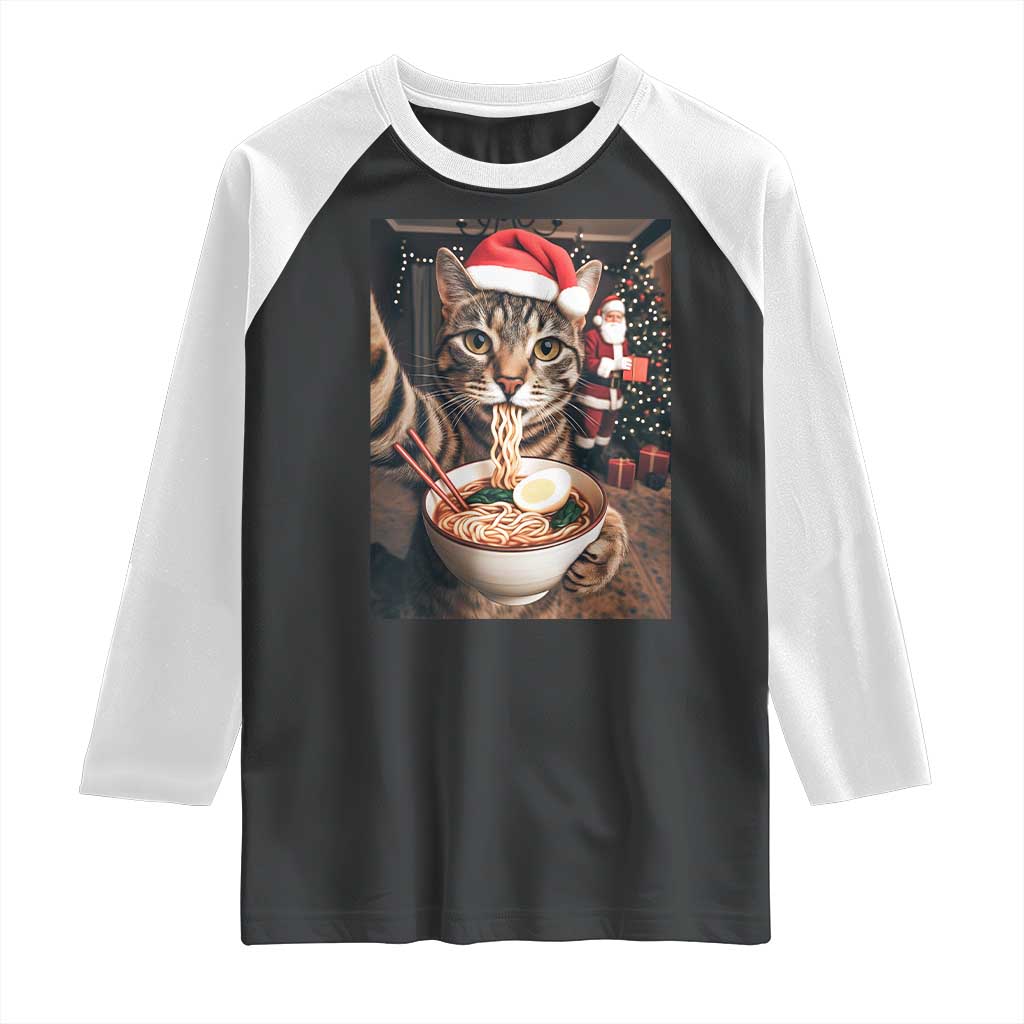 Funny Cat Ramen Selfie With Santa Christmas Raglan Shirt - Wonder Print Shop