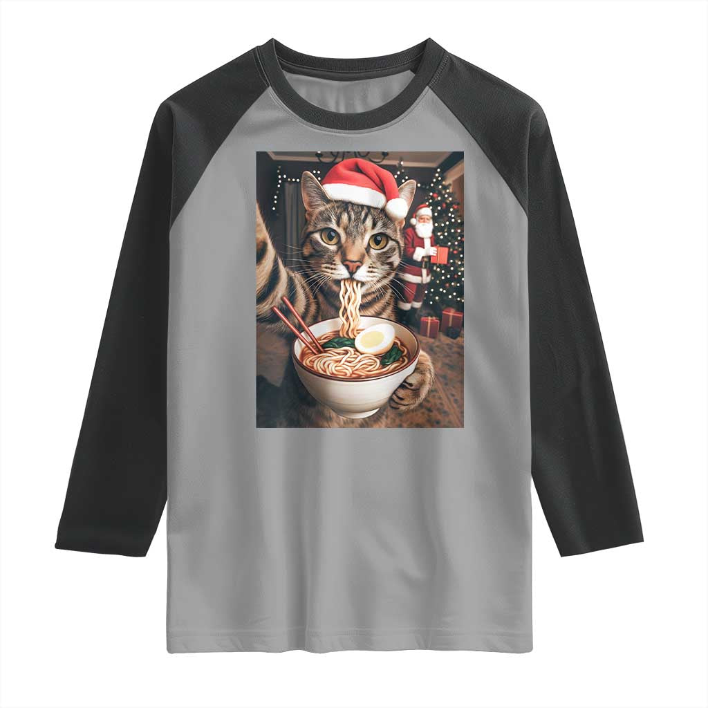 Funny Cat Ramen Selfie With Santa Christmas Raglan Shirt - Wonder Print Shop