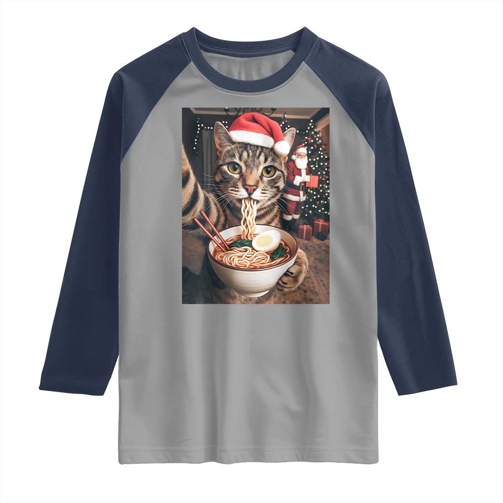 Funny Cat Ramen Selfie With Santa Christmas Raglan Shirt - Wonder Print Shop