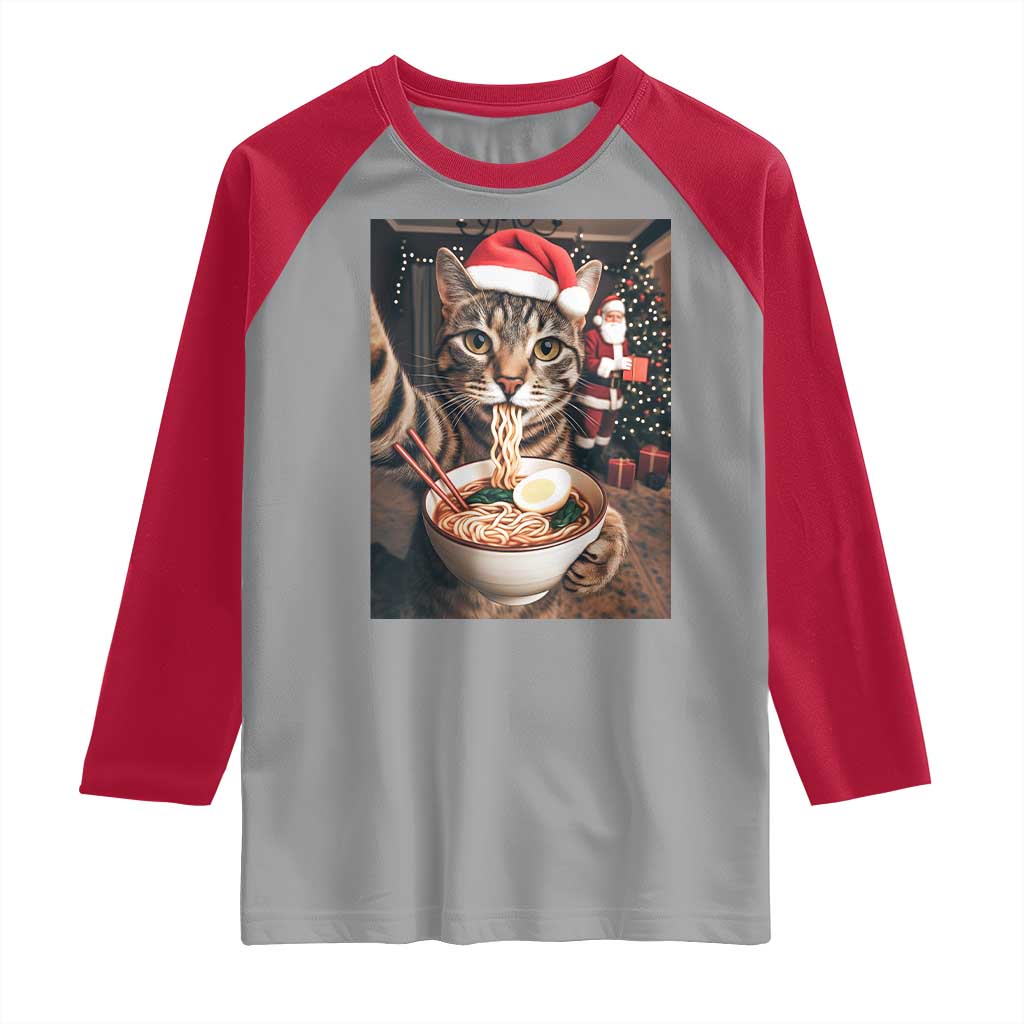 Funny Cat Ramen Selfie With Santa Christmas Raglan Shirt - Wonder Print Shop