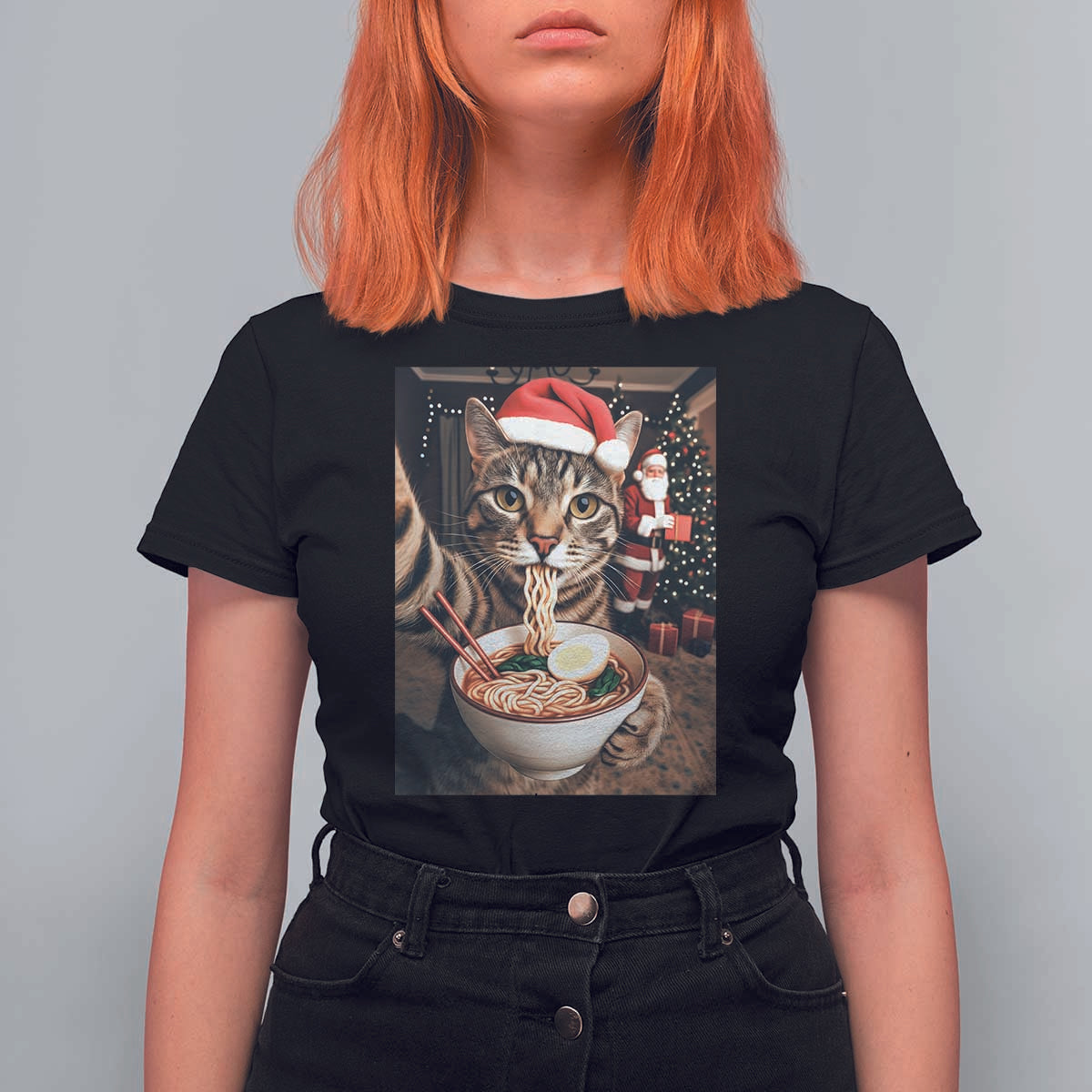 Funny Cat Ramen Selfie With Santa Christmas T Shirt For Women - Wonder Print Shop