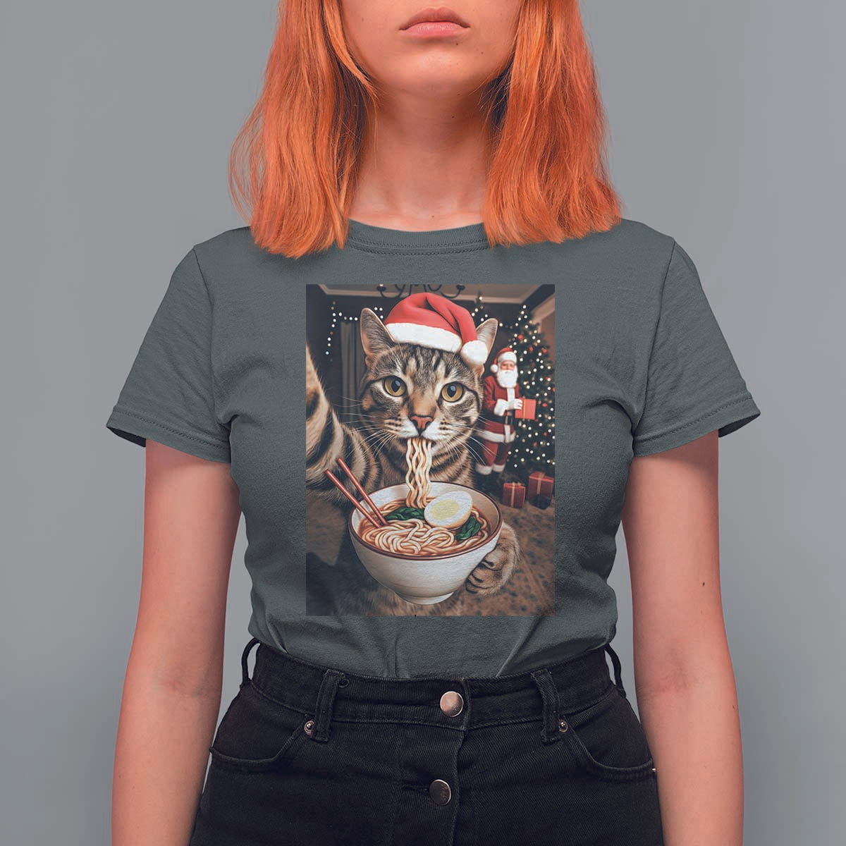 Funny Cat Ramen Selfie With Santa Christmas T Shirt For Women - Wonder Print Shop