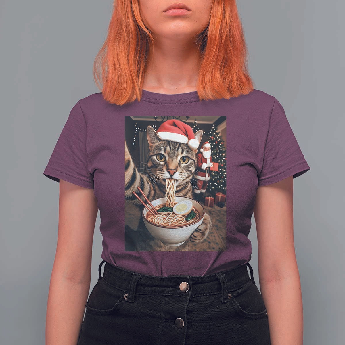 Funny Cat Ramen Selfie With Santa Christmas T Shirt For Women - Wonder Print Shop