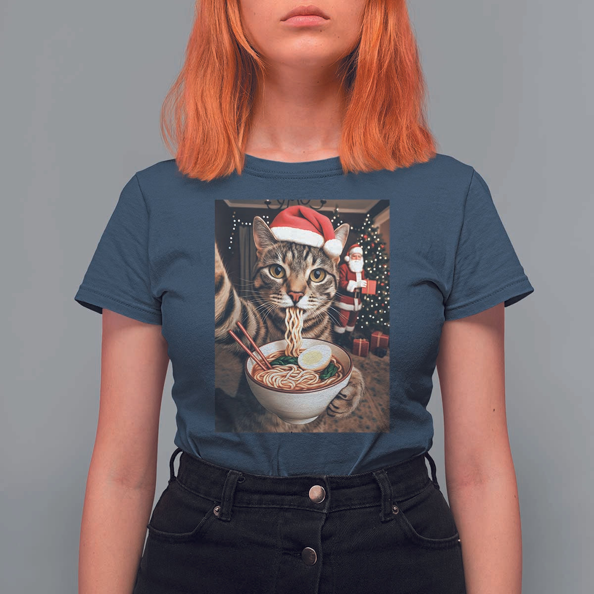 Funny Cat Ramen Selfie With Santa Christmas T Shirt For Women - Wonder Print Shop