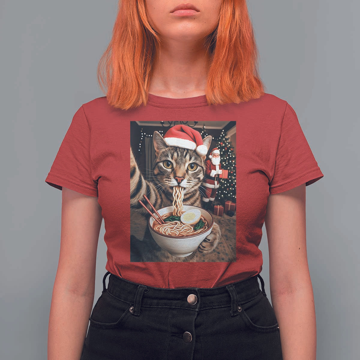 Funny Cat Ramen Selfie With Santa Christmas T Shirt For Women - Wonder Print Shop