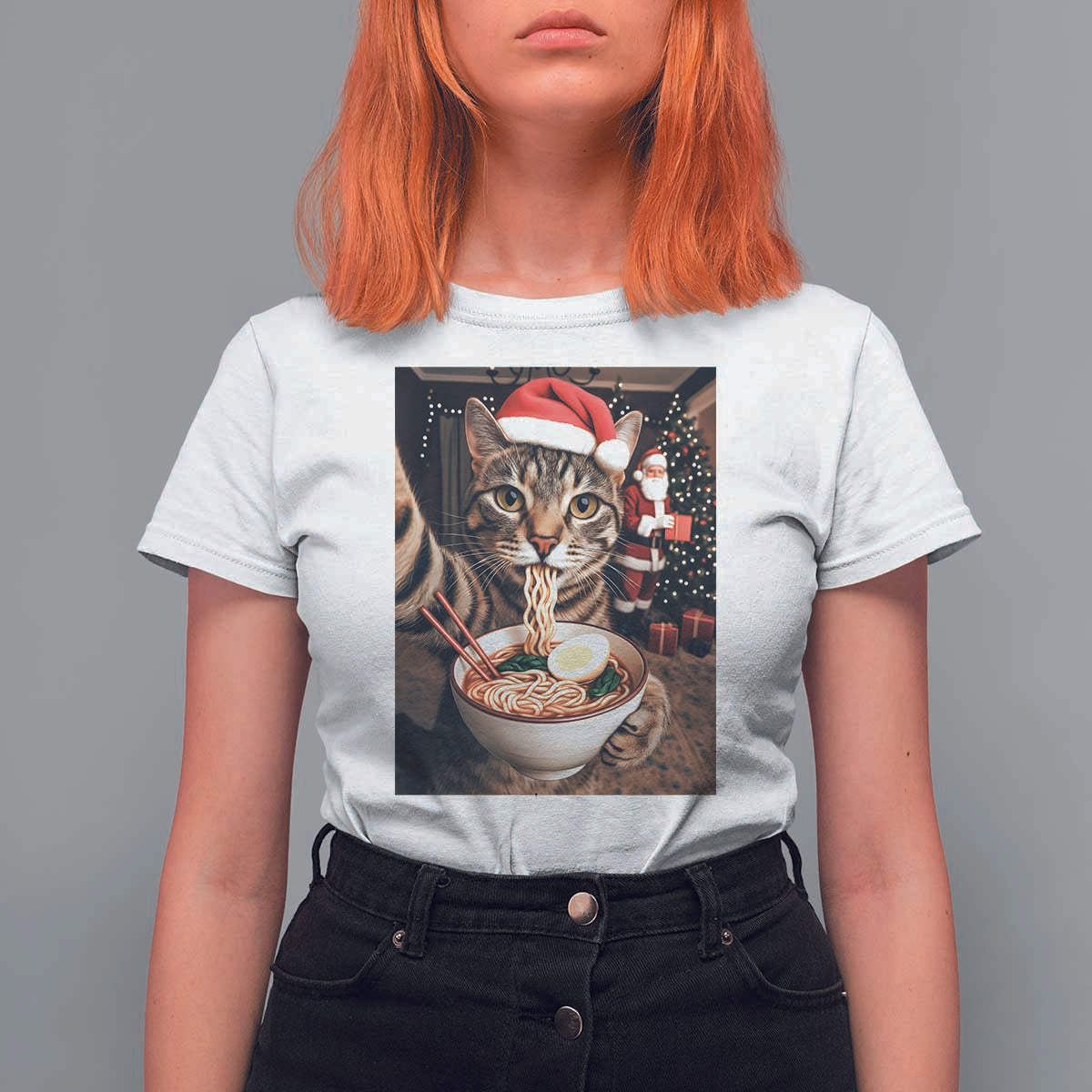 Funny Cat Ramen Selfie With Santa Christmas T Shirt For Women - Wonder Print Shop