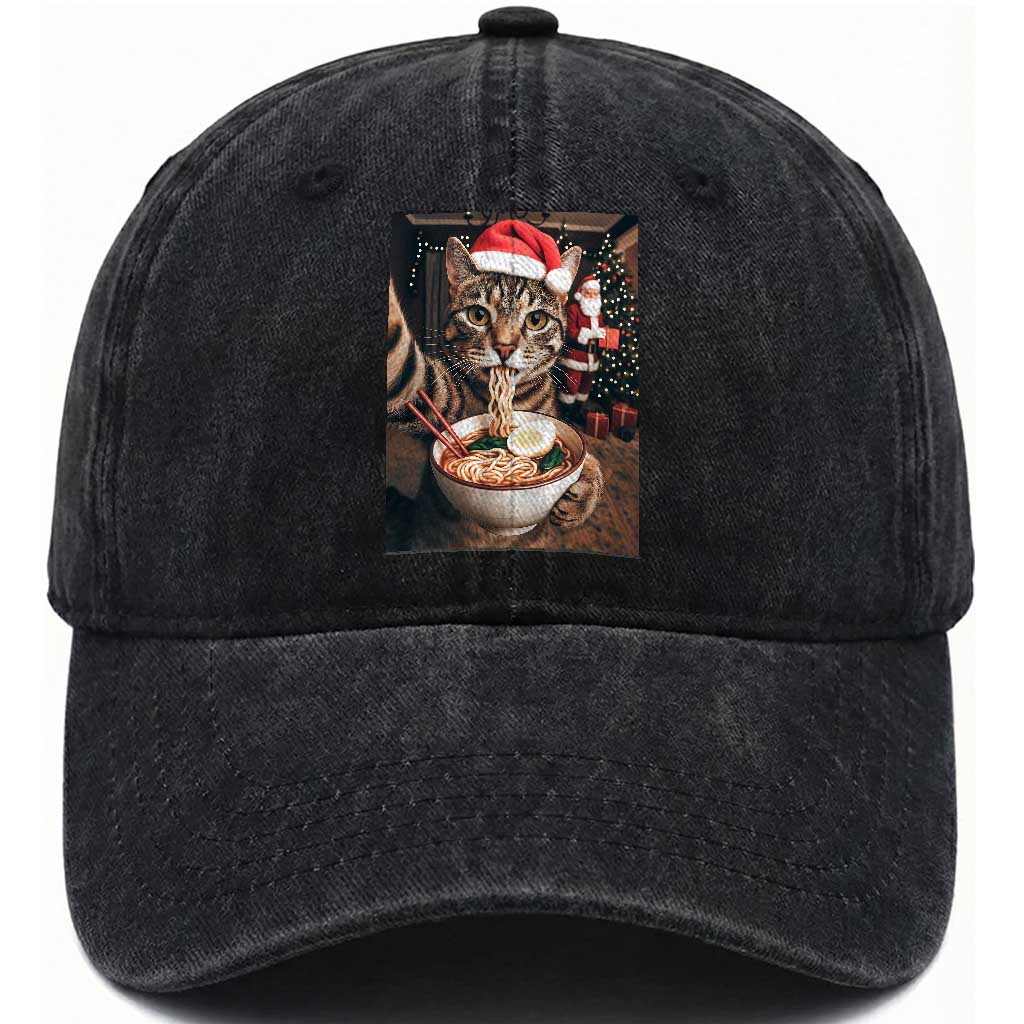 Funny Cat Ramen Selfie With Santa Christmas Washed Cotton Baseball Cap