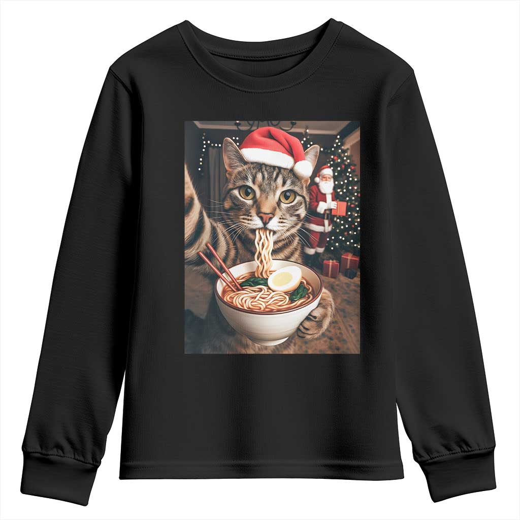 Funny Cat Ramen Selfie With Santa Christmas Youth Sweatshirt - Wonder Print Shop