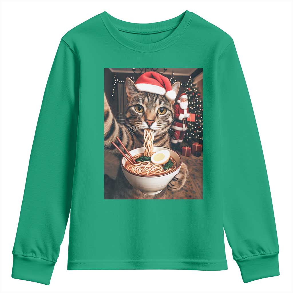 Funny Cat Ramen Selfie With Santa Christmas Youth Sweatshirt - Wonder Print Shop