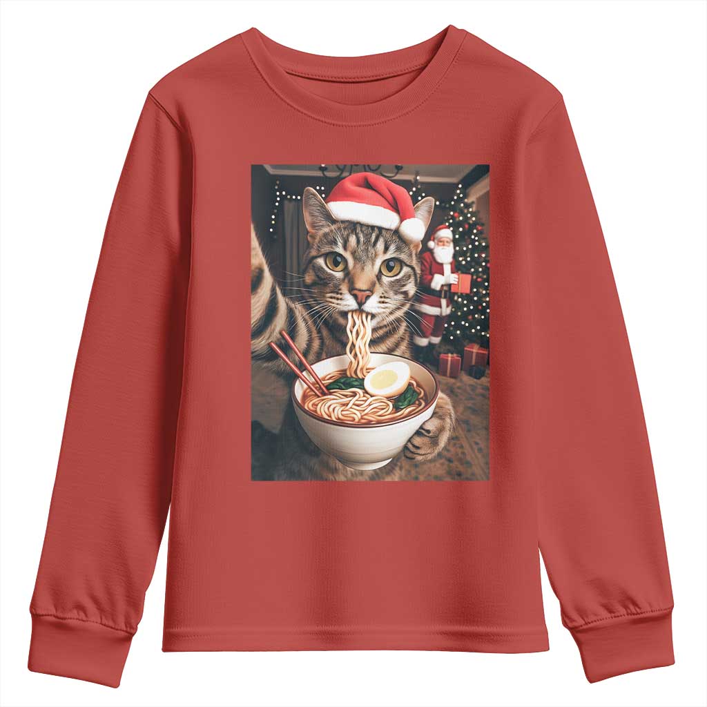 Funny Cat Ramen Selfie With Santa Christmas Youth Sweatshirt - Wonder Print Shop