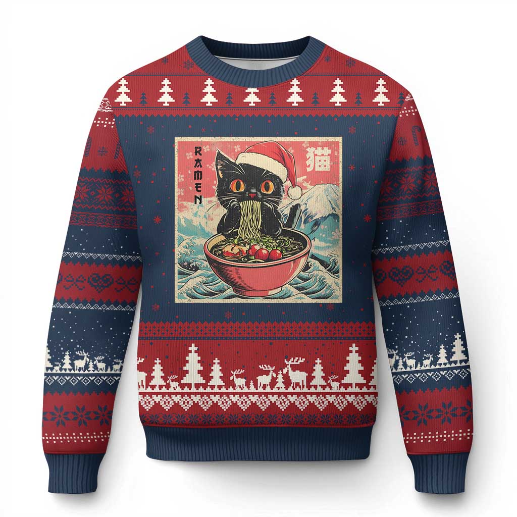 Cat Ramen Xmas Ugly Christmas Sweater Japanese Kawaii Retro Cats Manga - Wonder Print Shop