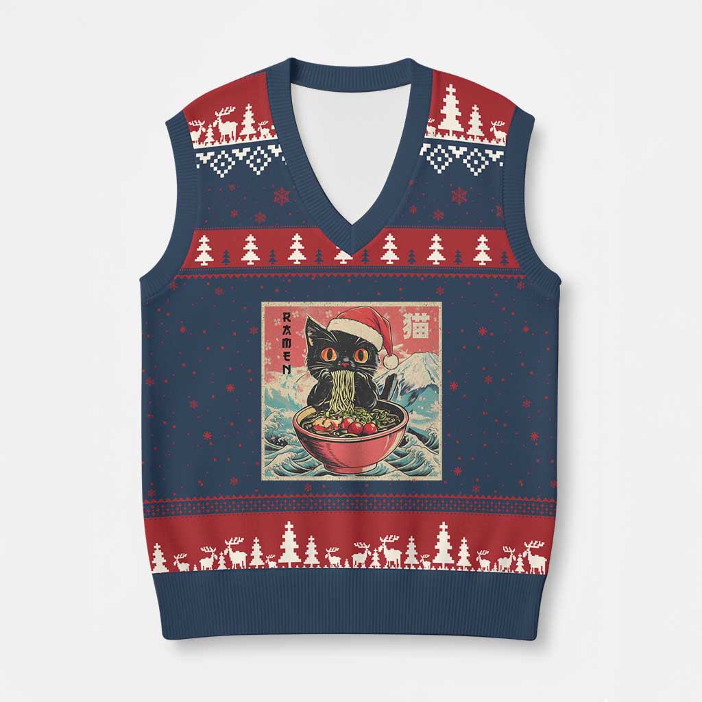 Cat Ramen Xmas V-Neck Knit Sweater Vest Japanese Kawaii Retro Cats Manga - Wonder Print Shop