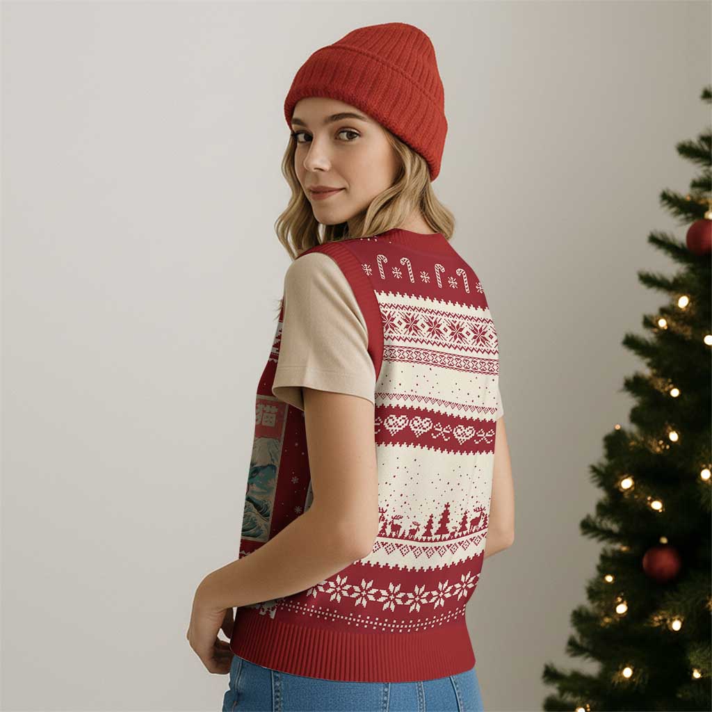 Cat Ramen Xmas V-Neck Knit Sweater Vest Japanese Kawaii Retro Cats Manga - Wonder Print Shop