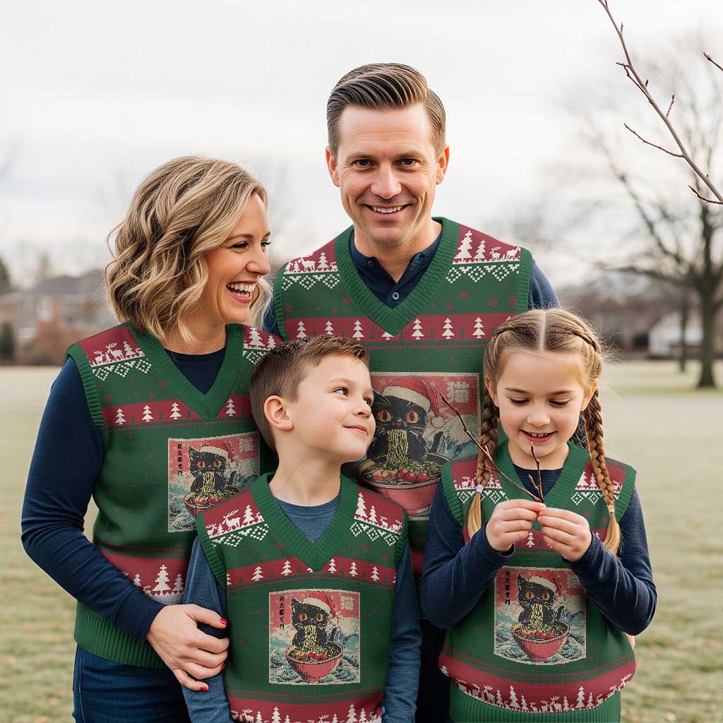 Cat Ramen Xmas V-Neck Knit Sweater Vest Japanese Kawaii Retro Cats Manga - Wonder Print Shop