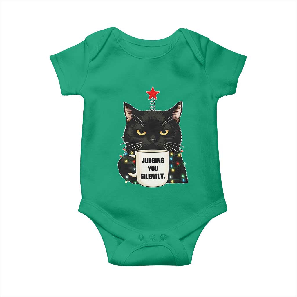 Funny Black Cat Christmas Baby Onesie Judging You Silently - Wonder Print Shop