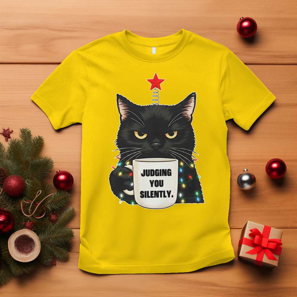 Funny Black Cat Christmas T Shirt Judging You Silently - Wonder Print Shop