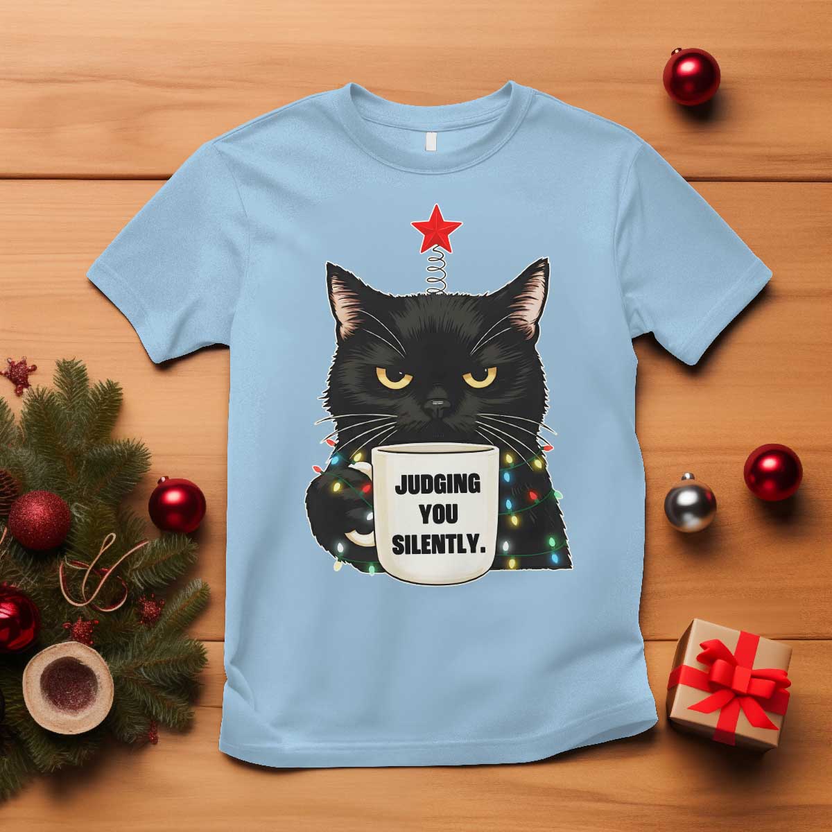Funny Black Cat Christmas T Shirt Judging You Silently - Wonder Print Shop