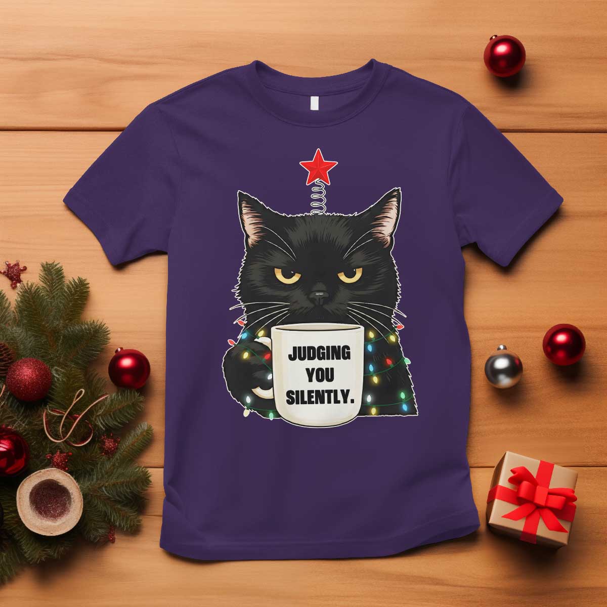 Funny Black Cat Christmas T Shirt Judging You Silently - Wonder Print Shop