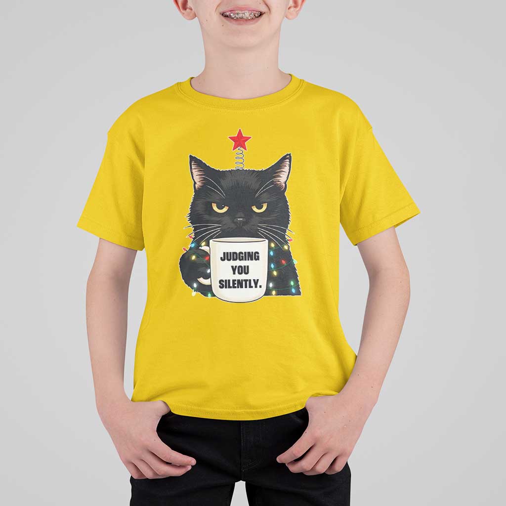 Funny Black Cat Christmas T Shirt For Kid Judging You Silently - Wonder Print Shop