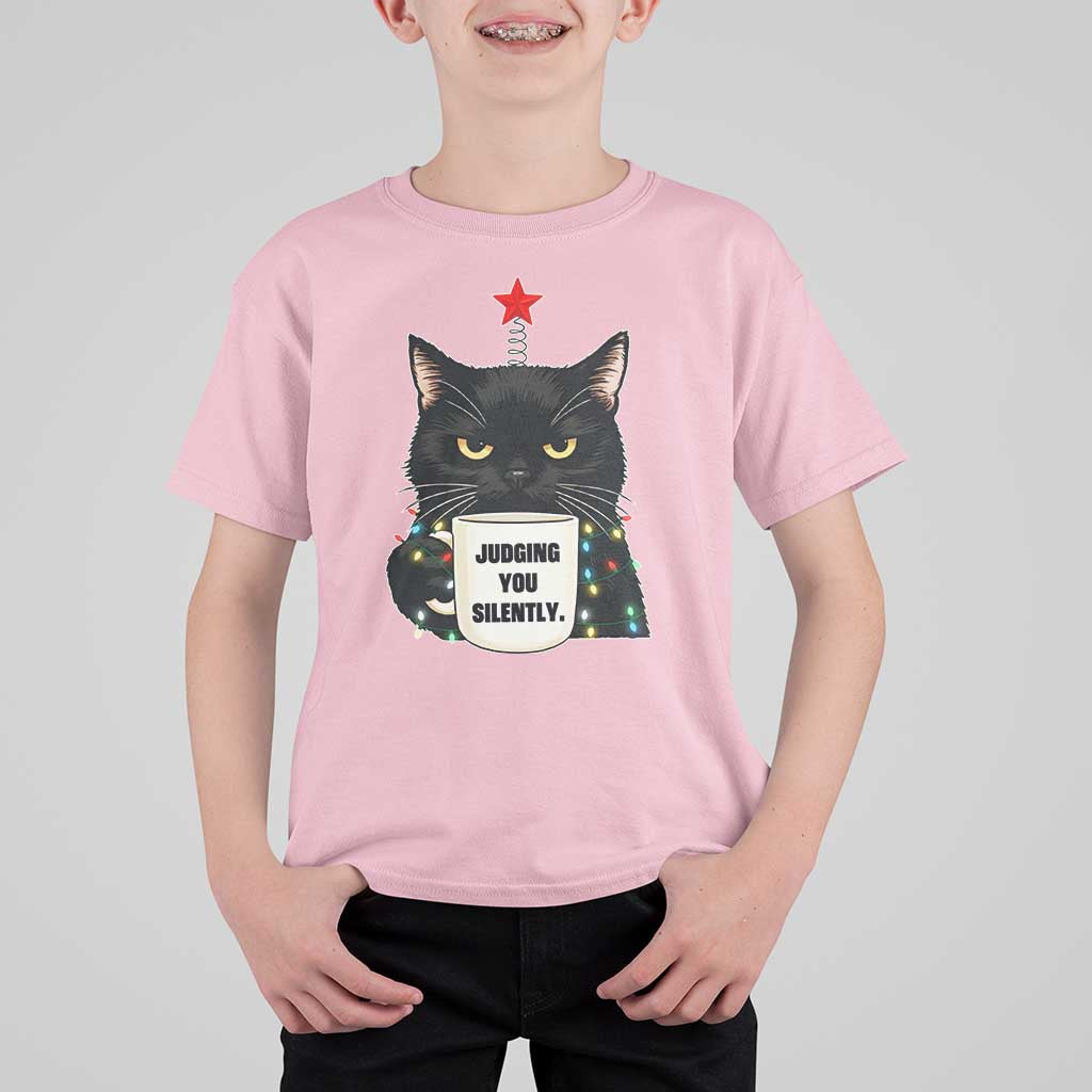 Funny Black Cat Christmas T Shirt For Kid Judging You Silently - Wonder Print Shop