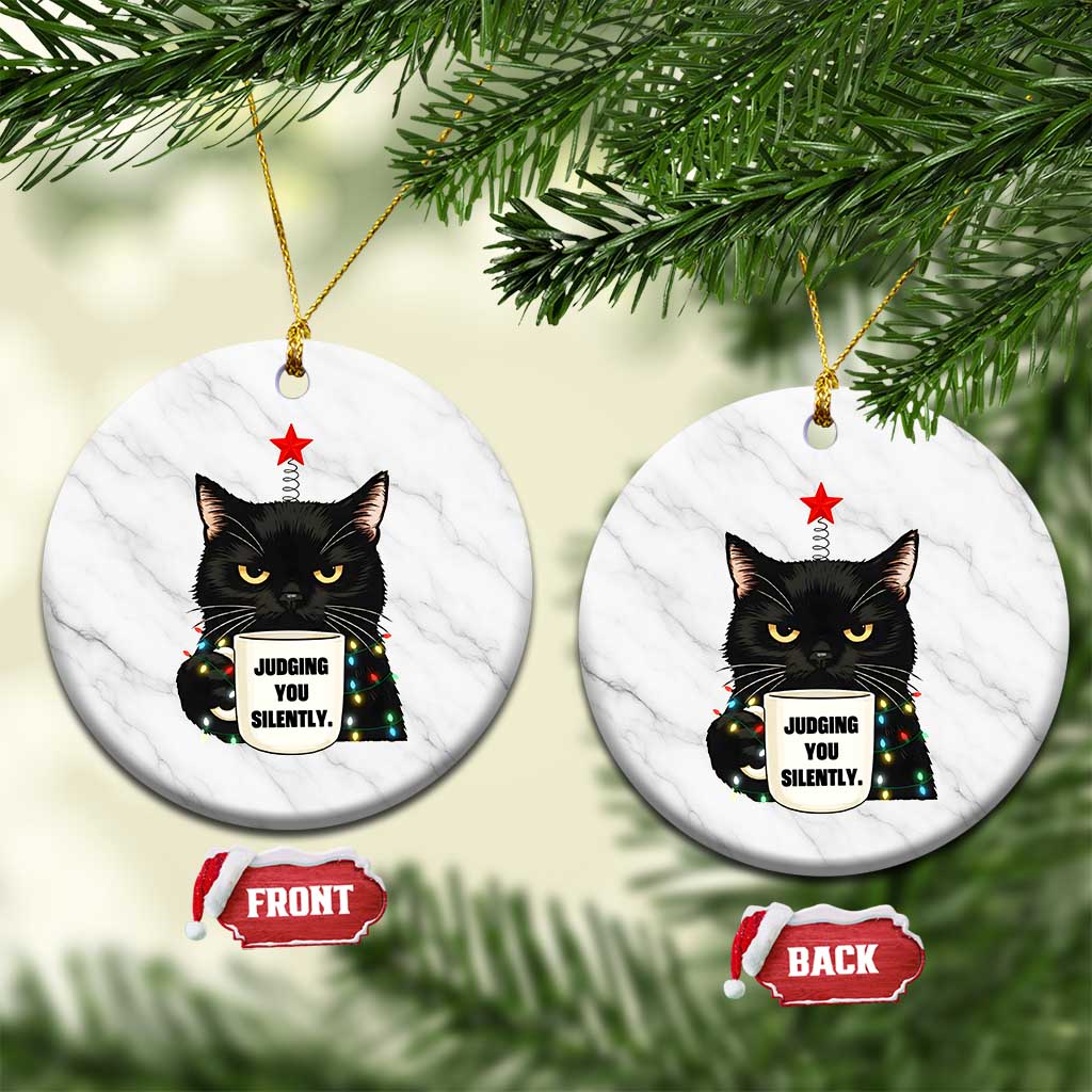 Funny Black Cat Christmas Ceramic Ornament Judging You Silently - Wonder Print Shop