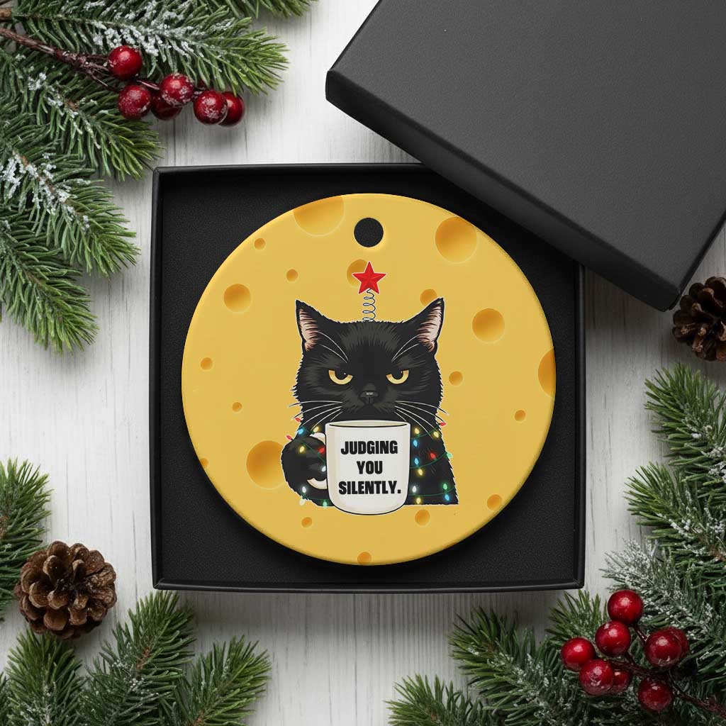 Funny Black Cat Christmas Ceramic Ornament Judging You Silently - Wonder Print Shop
