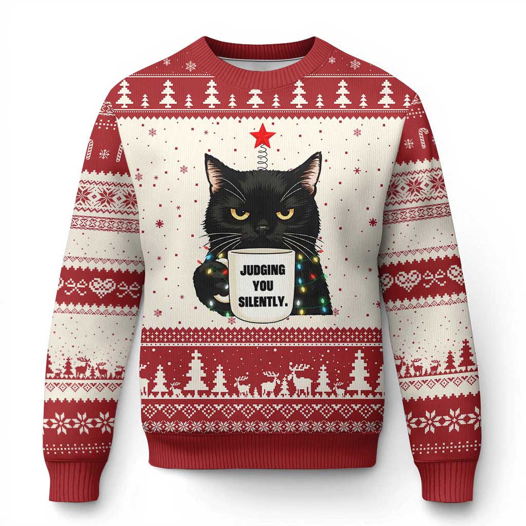 Funny Black Cat Xmas Ugly Christmas Sweater Judging You Silently - Wonder Print Shop