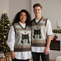 Funny Black Cat Xmas V-Neck Knit Sweater Vest Judging You Silently - Wonder Print Shop